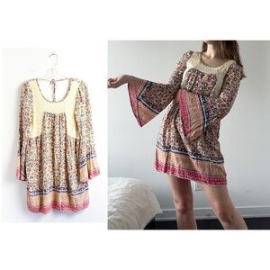 NWOT Allison Brittney bell sleeve dress bohemian cottagecore peasant S lace pink